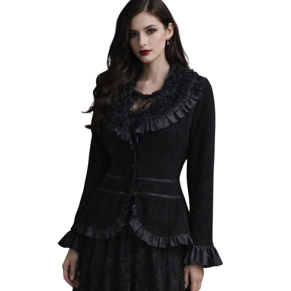 Roz &‎ Ali Wool Blend Black Jacket Ruffle Trim M Romantic Gothic Dark Coquette